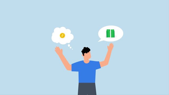 Exaggeration lying about investment profit, 4k animation of Businessman deceives by boasting about large profits while actually focusing on small amounts of money