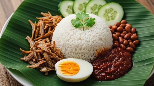 Nasi Lemak Dish with Anchovies, Egg, and Sambal