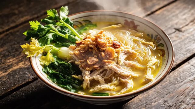 Steaming bowl of traditional chicken soup/soto ayam.