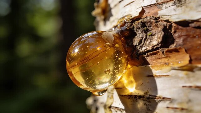 Extreme Macro Close-Up of a Glistening Sap Droplet on Textured Birch Bark