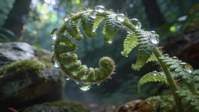 Close-Up Slow Motion of Dew on Fresh Ferns Unfurling in Nature