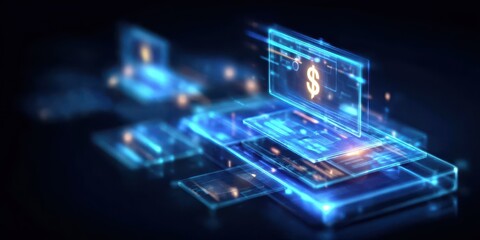 Digital money moves through the gateway as the merchant processes a payment and the bill shows credit with active protection.