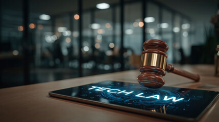 Wooden Gavel, Digital Tablet Screen, Tech Law Text, Blurred Modern Office Desk, Cyber Regulation, Judicial Compliance