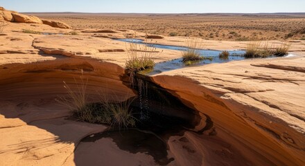 Fototapeta premium Water flow over eroded sandstone in a vast desert landscape
