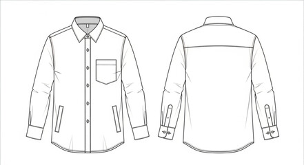 Technical Drawing of a Long-Sleeved Shirt with Pocket.