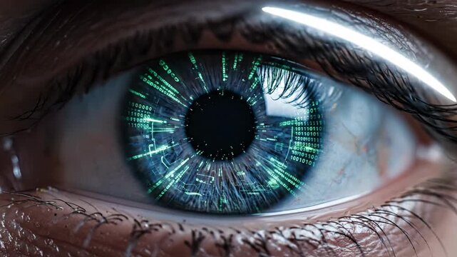 Gleaming human eye, advanced digital iris featuring intricate blue circuit pattern. Illuminating data streams, symbolizes AI, captivating