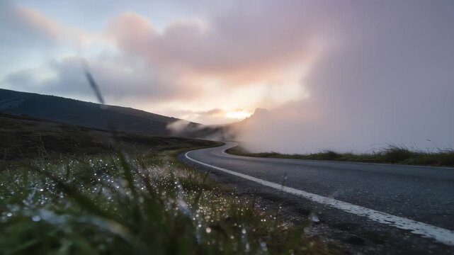 Timelapse of Sunrise Fog Rolling Over an Empty Rural Road