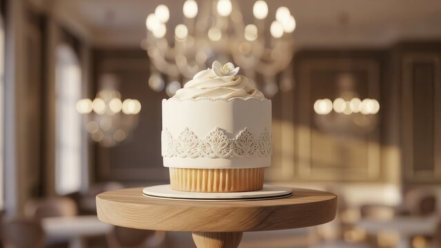 A beautifully decorated cupcake sits on a wooden cake stand in a luxurious room with elegant chandeliers and blurred background