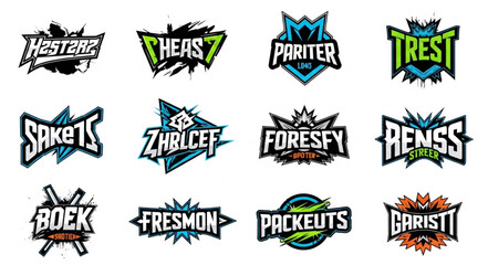 Collection of dynamic esports team logo designs with bold typography and vibrant color schemes. © MAS