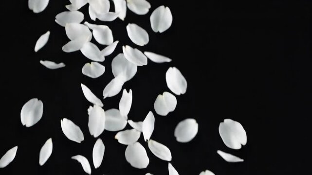 Delicate white petals gently falling against deep black background, creating an elegant visual. Serene nature pattern evokes peaceful feeling