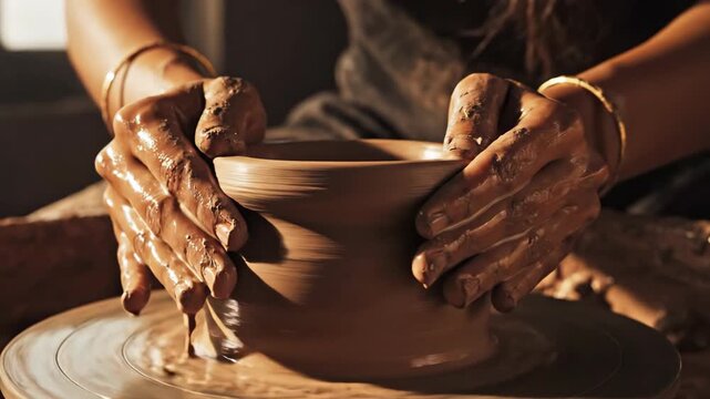 Skilled hand shaping wet clay on spinning pottery wheel, mastering ceramic craft, art manifests with intense focus and deep passion