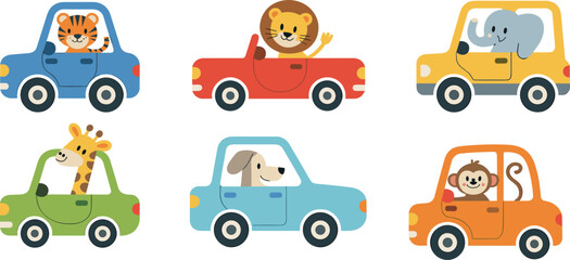 Cartoon animals driving colorful cars, playful tiger lion elephant giraffe dog monkey illustration, cheerful children artwork teaching colors vehicles animals © Creatives World