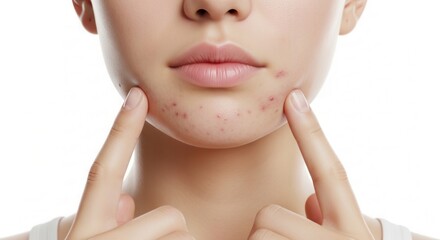 Woman pointing to acne pimples on chin and jawline