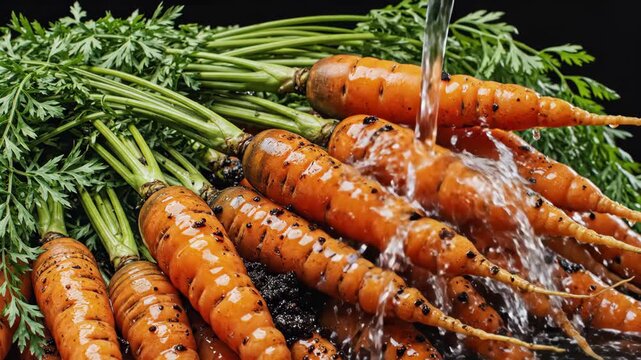 Vibrant orange carrots, fresh green tops, thorough water washing. Healthy natural vegetable produce, prepared for cooking