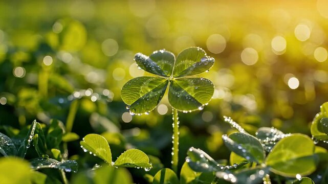 Vibrant four leaf clover sparkles with dew drops, lush green nature scene. Golden light illuminates, symbolizing luck, growth and profound hope