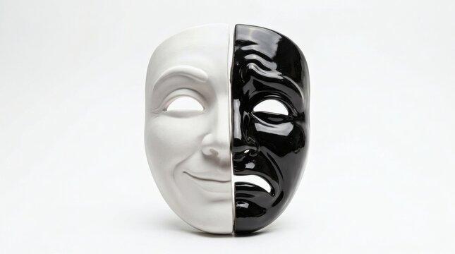 Duality of Emotions Happy and Sad Mask on White  Drama.