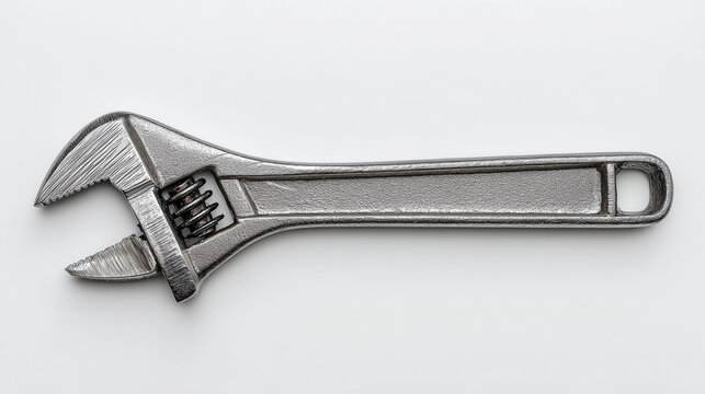 Durable metal adjustable wrench with movable jaw and textured steel surface, isolated on a clean white background. Ideal for repair, plumbing, mechanical, and construction concepts.