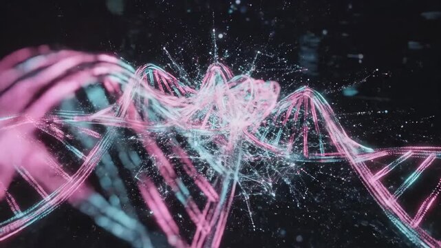 Human hand connects glowing pink blue DNA helixes, sparking vibrant digital energy. Futuristic technology evokes scientific wonder