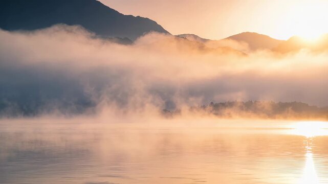 Tranquil Panoramic View of Fog Over a Peaceful Dawn Lake