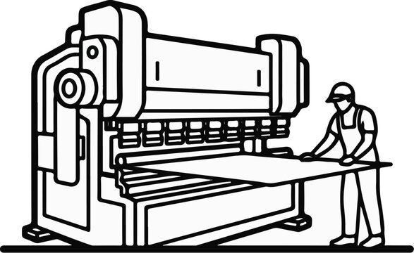 A worker uses a large metal shearing machine to cut sheet metal