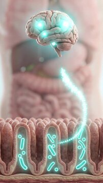 Gut brain connection microbiome neural pathway probiotic bacteria medical illustration of intestine and brain axis microbiota communication glowing neuron highlighting digestive health and nervous