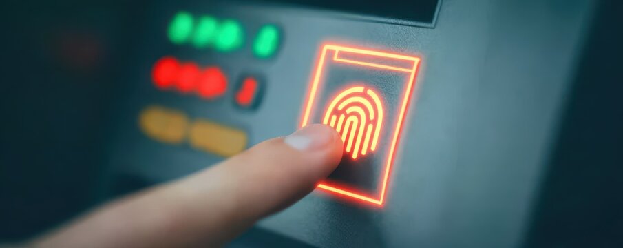A glowing secure terminal allows a traveler to send a swift remittance through their bank, skipping the fee with biometric authentication.