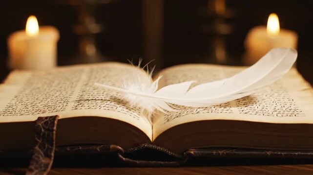 Ancient open book, white feather quill, aged pages. Warm candlelight glowing, evokes deep thought, profound knowledge, wisdom, literary inspiration