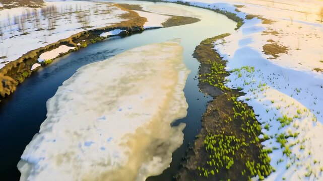 Aerial Flyover of Riverbanks Transforming with Receding Snow for Spring Renewal