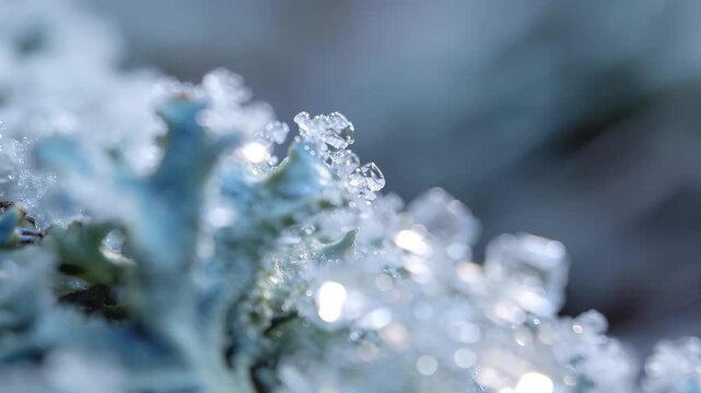 Lyrical Macro Glide Over Frost-Covered Jade Lichen: Capturing Tranquil Winter Textures