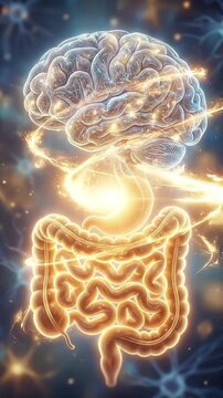 Glowing brain intestine neural connection gut brain axis nervous system neuron anatomy digestive system mental health glowing energy brain gut connection human intestine gut health neural network