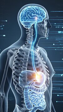 Human anatomy gut brain axis nervous system skeleton organ stomach intestine medical illustration science concept healthcare hologram technology neural pathway digestive system torso health concept