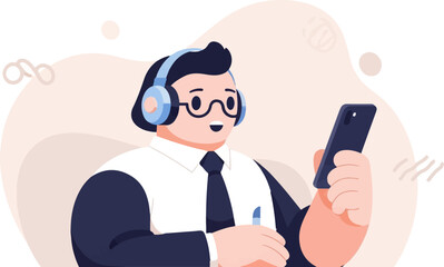 Animated figure wearing headphones and glasses, holding smartphone