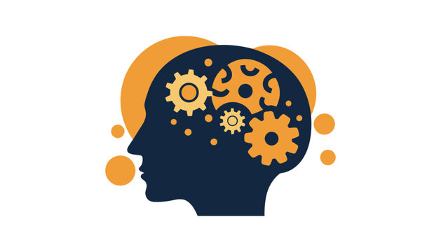Brain silhouette illustration with gears and orange details