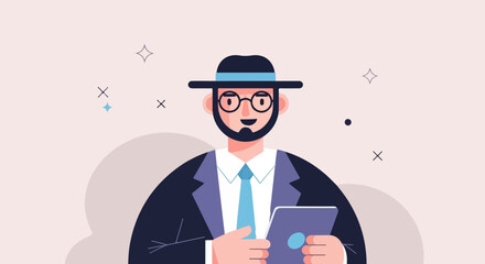 Animated man with hat, glasses, suit, and tablet