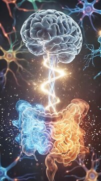 Human brain human gut gut brain axis neural connection digestive organ mental health microbiome nervous system glowing energy links human brain human gut gut brain communication health anatomy