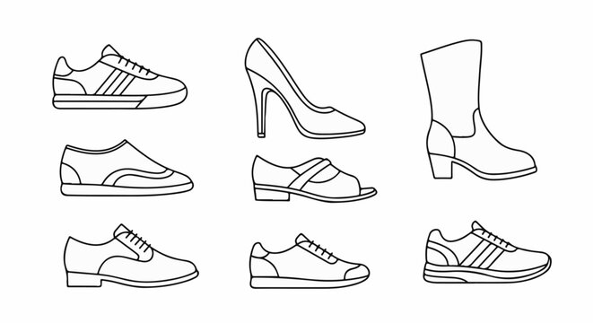 Assortment of footwear line art sneakers, heels, boots, oxfords, and sandals