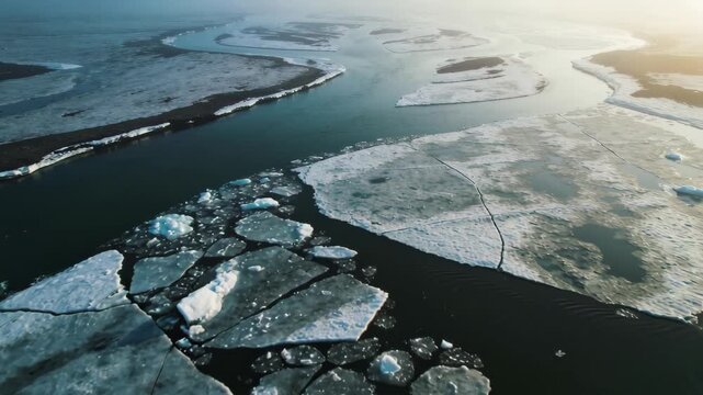 Cinematic Overhead Pan of River Delta Ice Fracturing During Thaw