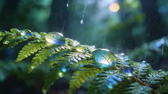 Slow Motion Raindrops Pooling on Vibrant Ferns in Nature's Tranquility
