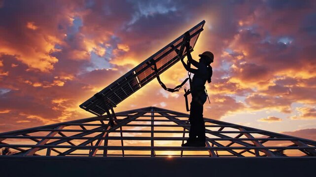 Dedicated worker expertly installs solar panel technology on rooftop during dramatic sunset, clean, renewable energy installation for brighter future