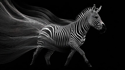 Fototapeta premium Zebra walks in front of a black background with flowing lines creating a sense of movement and grace in an artistic scene