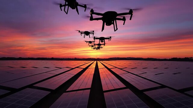 Multiple drones monitor vast solar panel farms under vibrant sunset, advanced technology and renewable energy innovation converge