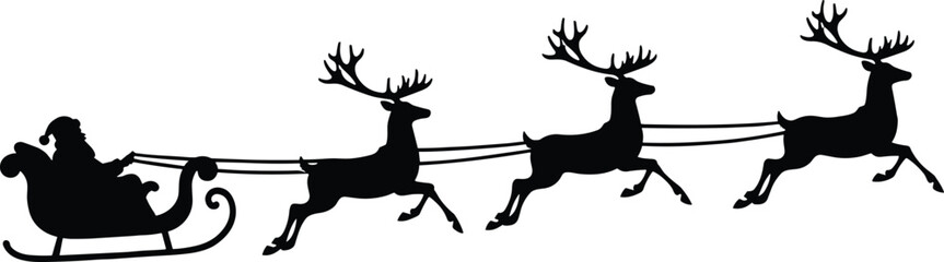 Black silhouette of Santa Claus in a flying sleigh pulled by three reindeer on a white background for Christmas holiday greeting cards and decorations (25 words) © MstRupali