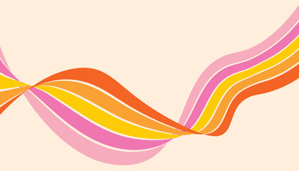 Fototapeta na wymiar Retro groovy background wit curved rainbow line. Vintage 70s striped colored path. Playful striped shape vector illustration
