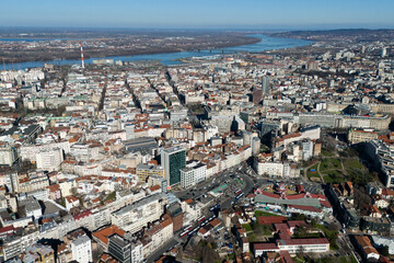 Fototapeta premium Serbia - Belgrade city center aerial view with river Danube in the distance