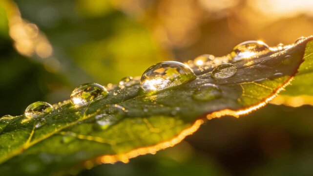 Dramatic Close-Up of Dew Beads on a Vibrant Leaf in Morning Light