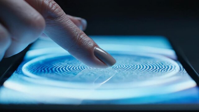 Person hand finger touching screen, performing biometric fingerprint scanning for secure digital data access and authentication, ensuring privacy