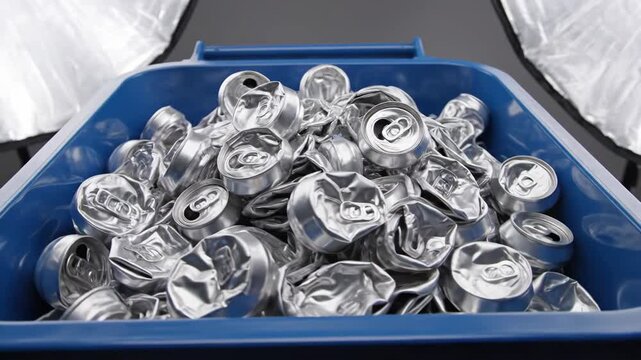 Blue recycling bin overflowing with crushed aluminum cans urgent call for resource recovery, environmental sustainability, and mindful waste