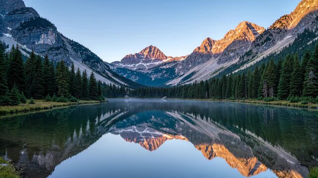 Majestic mountain peaks bathed in golden light, reflection on tranquil alpine lake. Lush pine forest trees frame stunning nature landscape vista