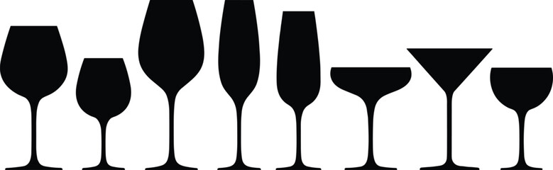 Collection of elegant black stemware silhouettes including red and white wine glasses champagne flutes martini coupe and cocktail glassware icons for bar menus. © MstRupali