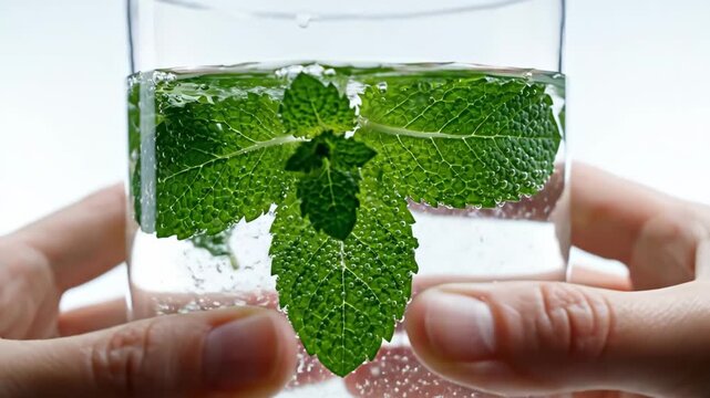 Refreshing natural healthy mint water drink in clear glass held by hand, vibrant green sprigs infusing pure beverage for cool summer
